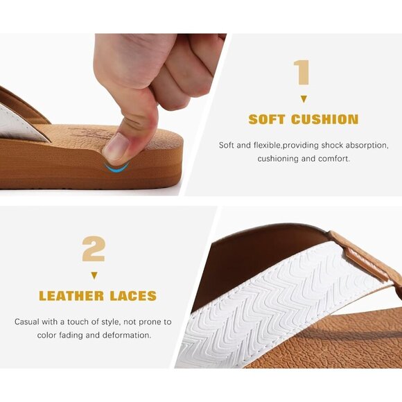 〽️Men\'s Flip Flop Sandal Khaki White Leather Slip On Arch Support Comfort Shoes main image 4